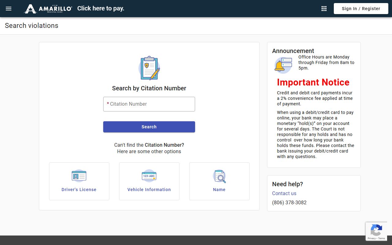 Amarillo Municipal Court citation search portal for traffic records