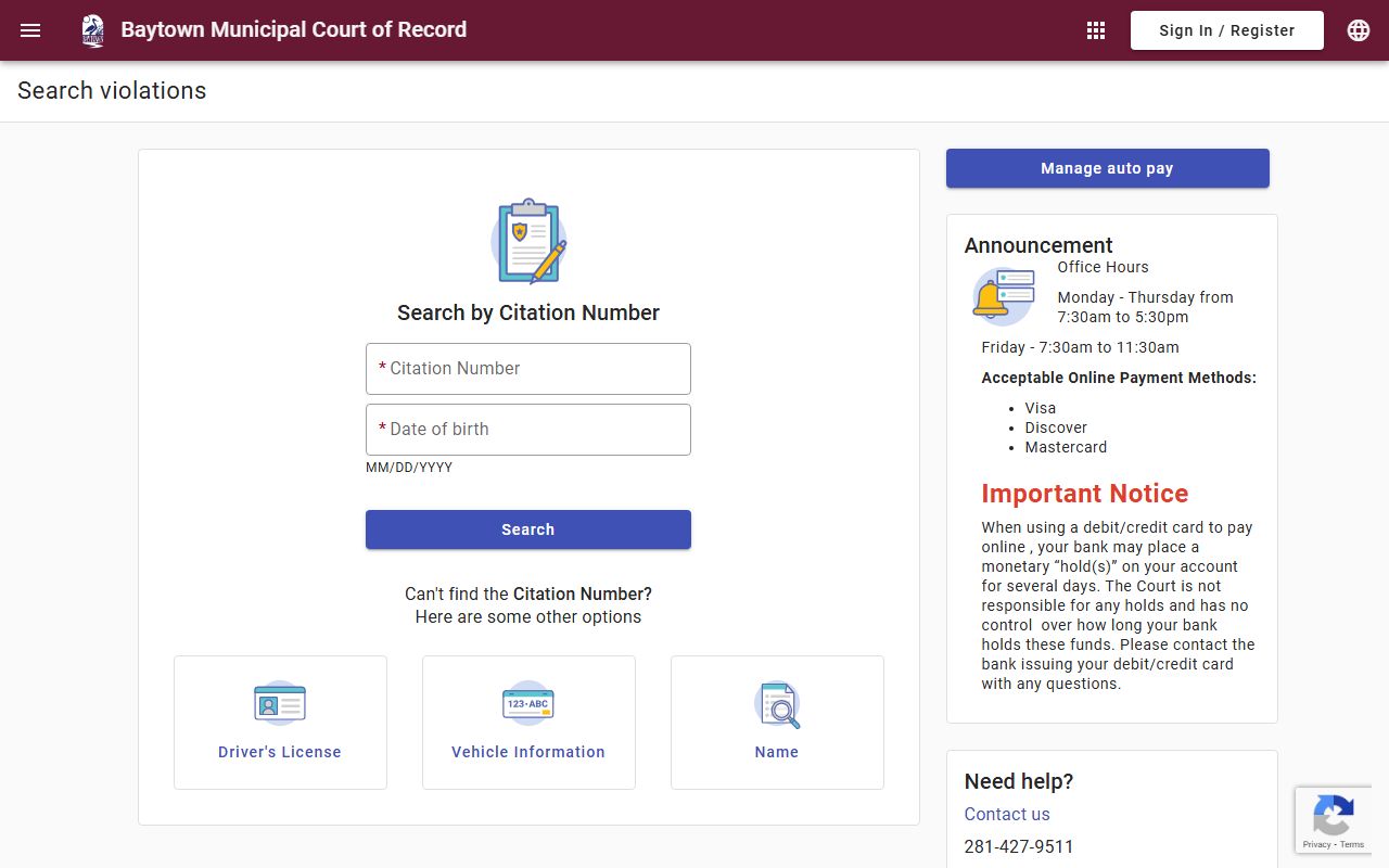 Baytown Municipal Court online payment portal for traffic court records