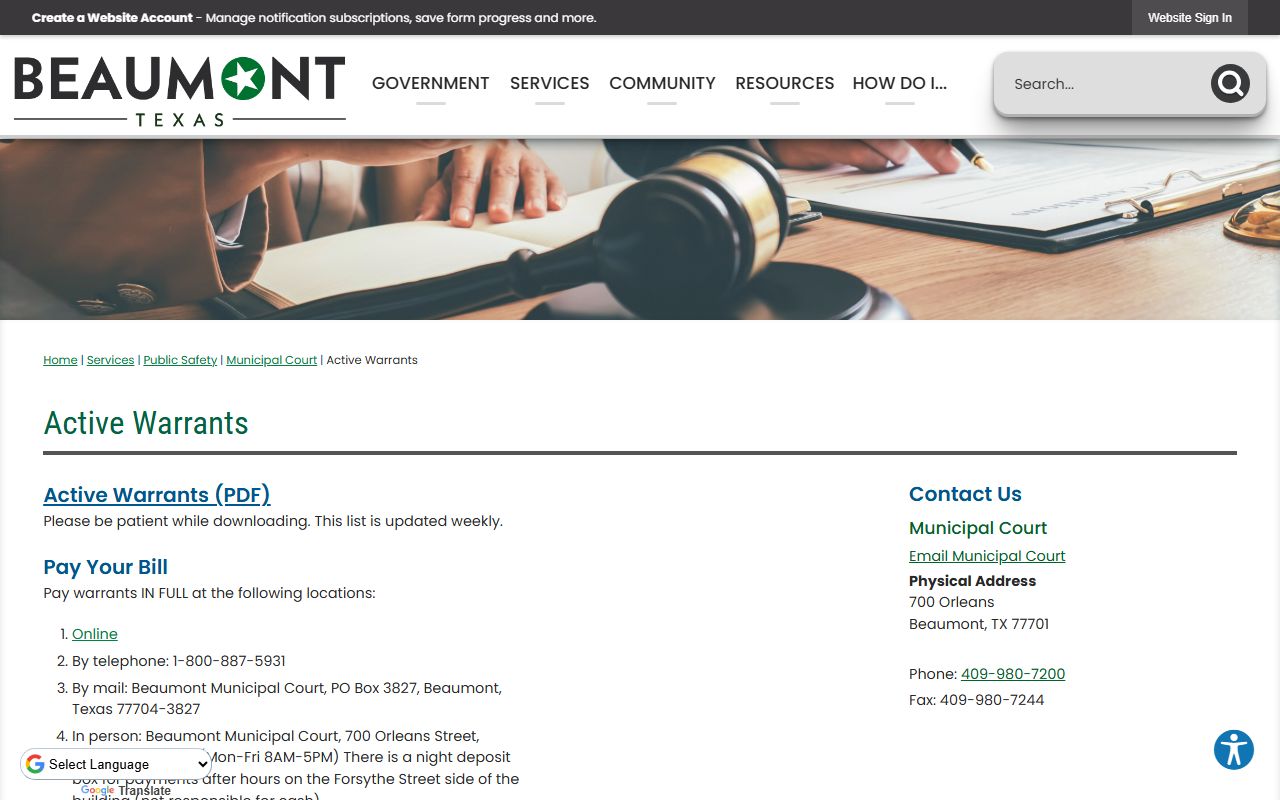 Beaumont traffic court records - active warrants search page