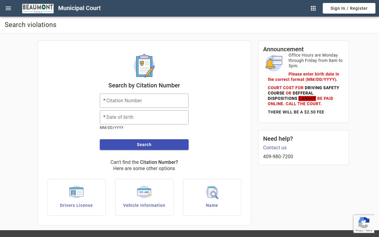 Beaumont traffic court records - online citation payment portal