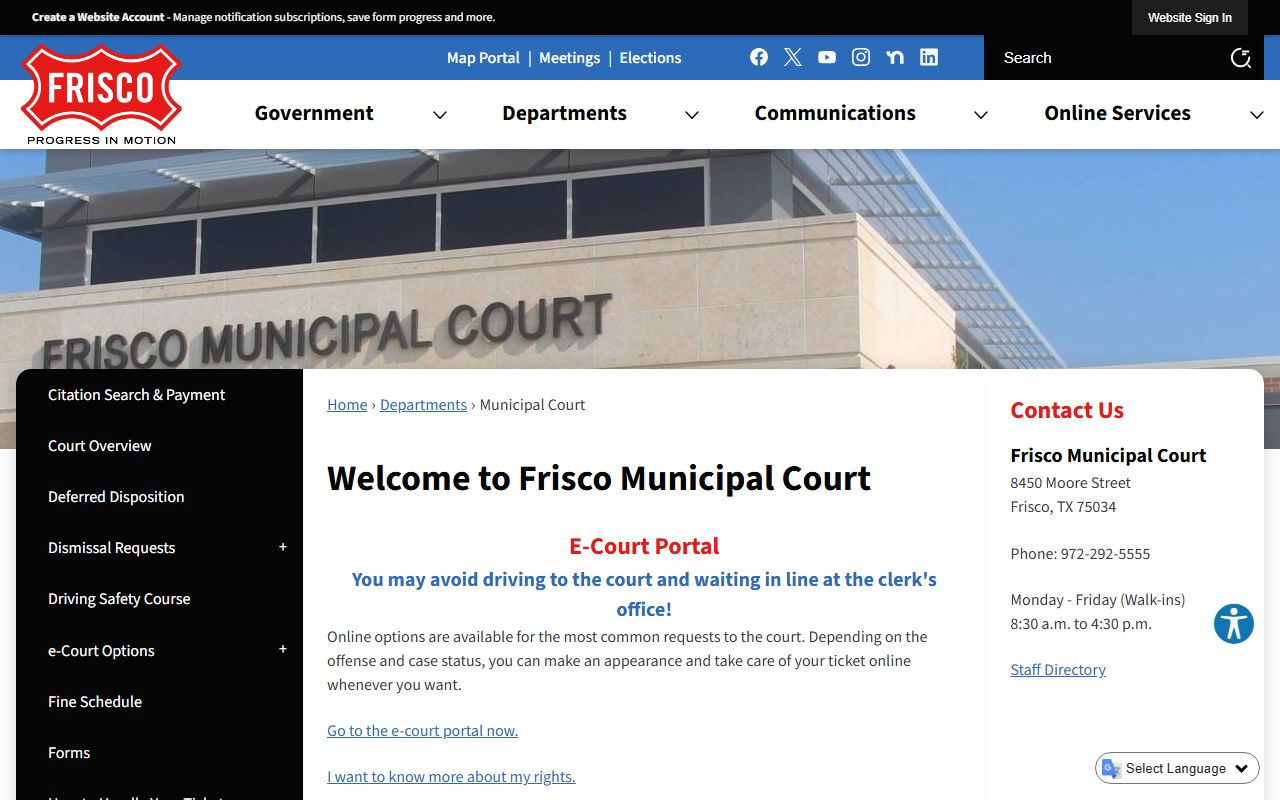 Frisco Municipal Court website for traffic court records