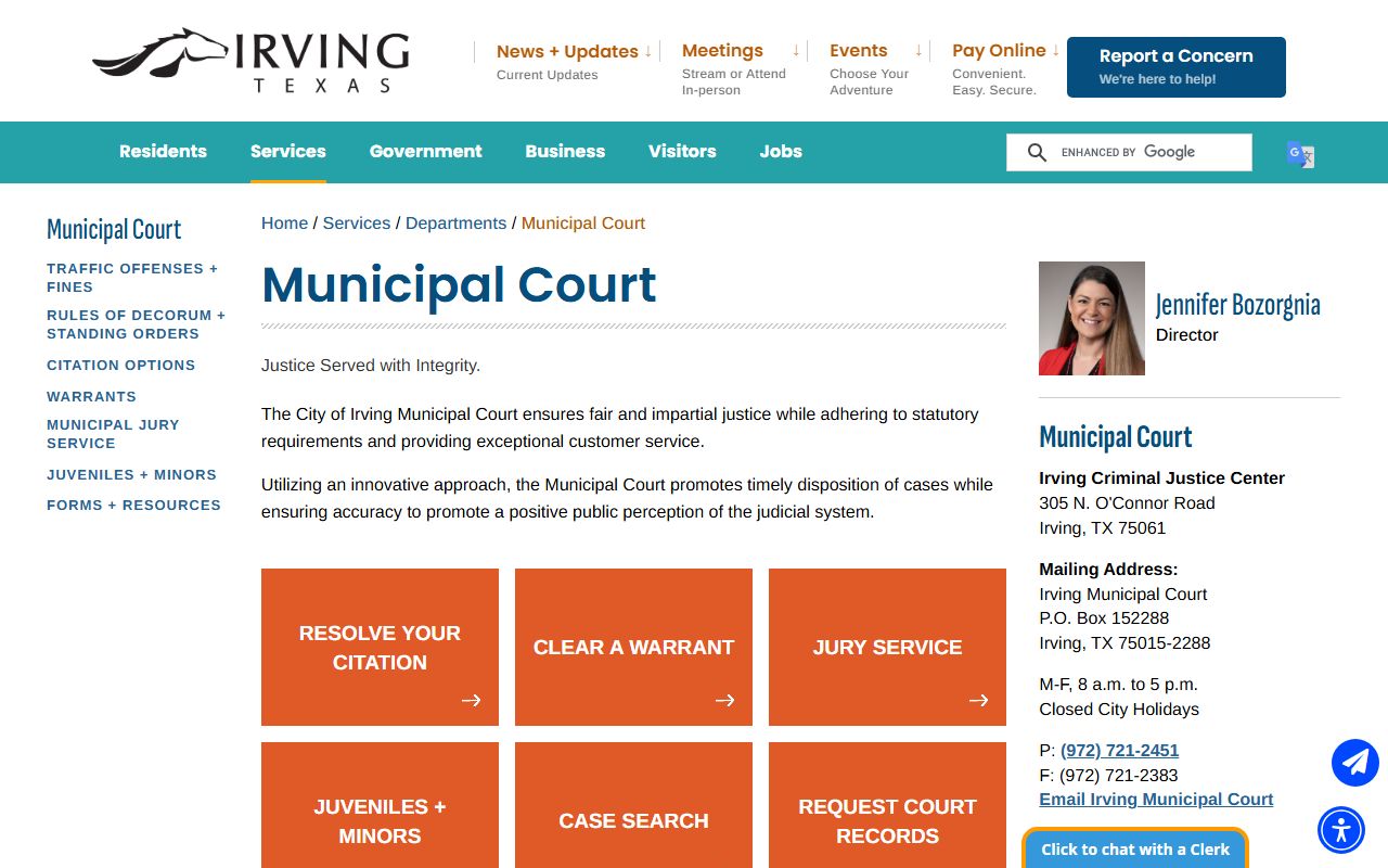 Irving Municipal Court website for traffic court records