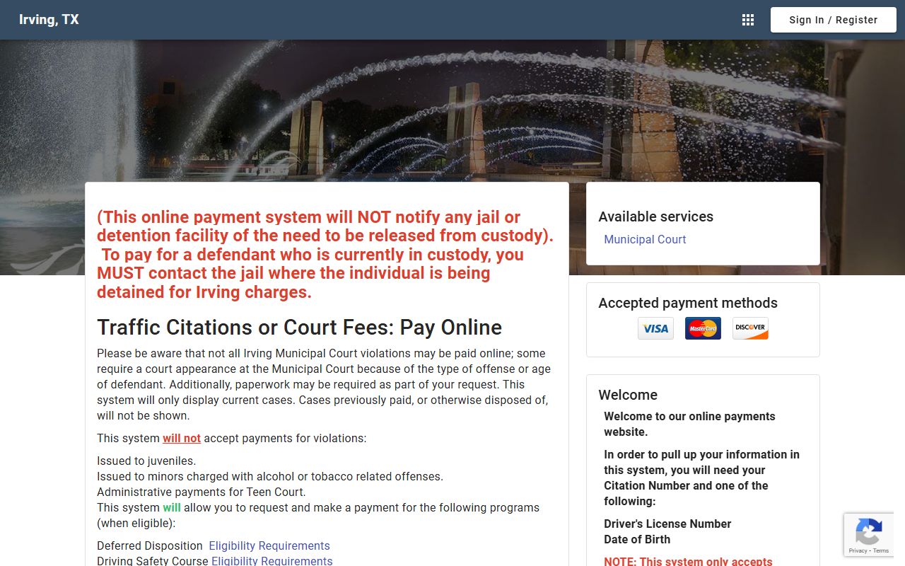 Irving Municipal Court online payment portal for traffic fines