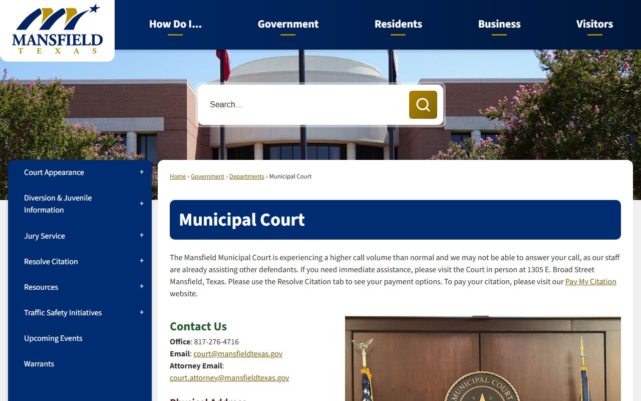 Mansfield Municipal Court website for Mansfield traffic court records