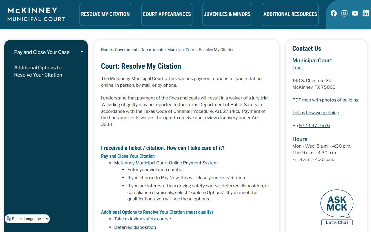 McKinney ticket search tool for traffic court records