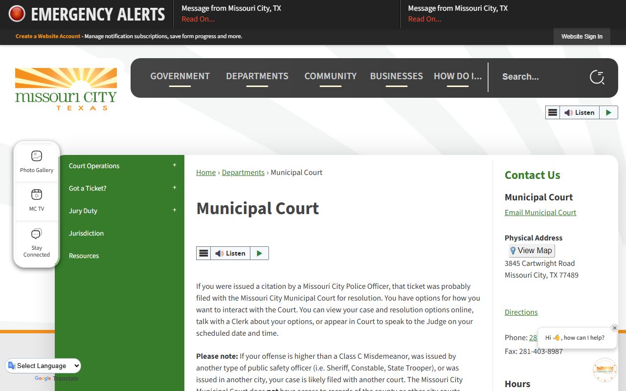 Missouri City Municipal Court website for traffic court records