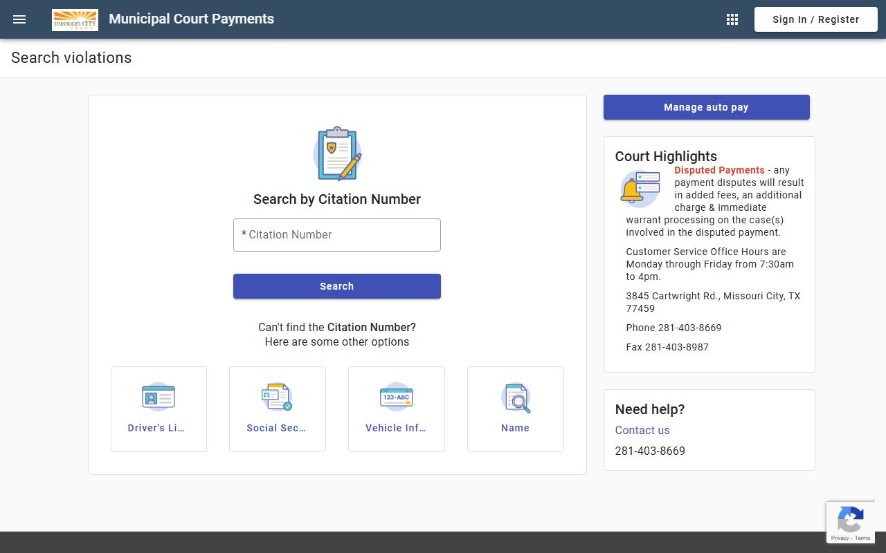 Missouri City online citation payment portal for traffic court records