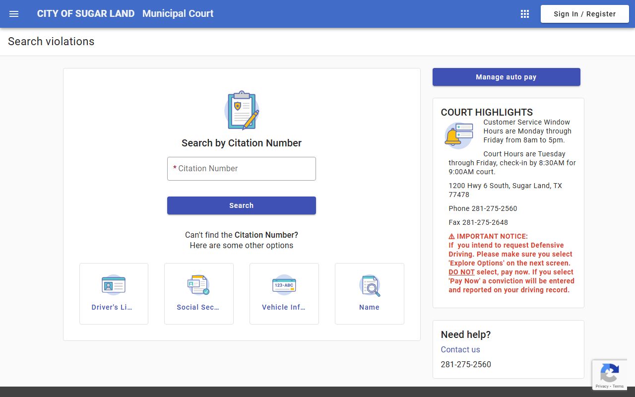 Sugar Land traffic court records - online citation payment portal
