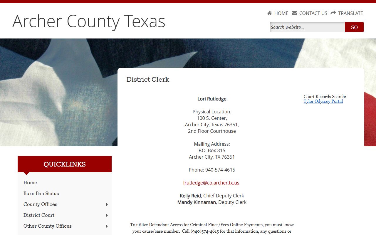 Archer County District Clerk page for court records and copy fees