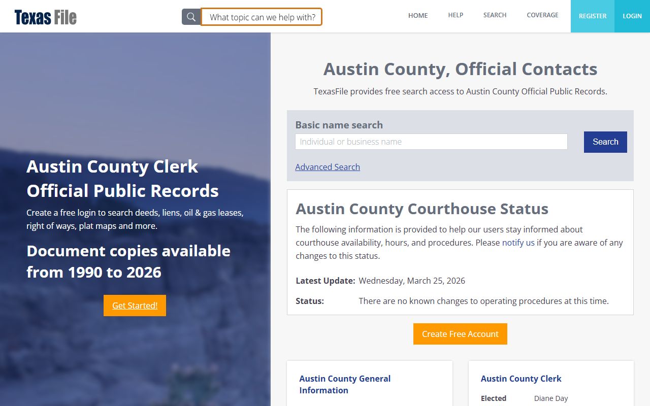 Austin County website and clerk records access for traffic court records in Bellville Texas