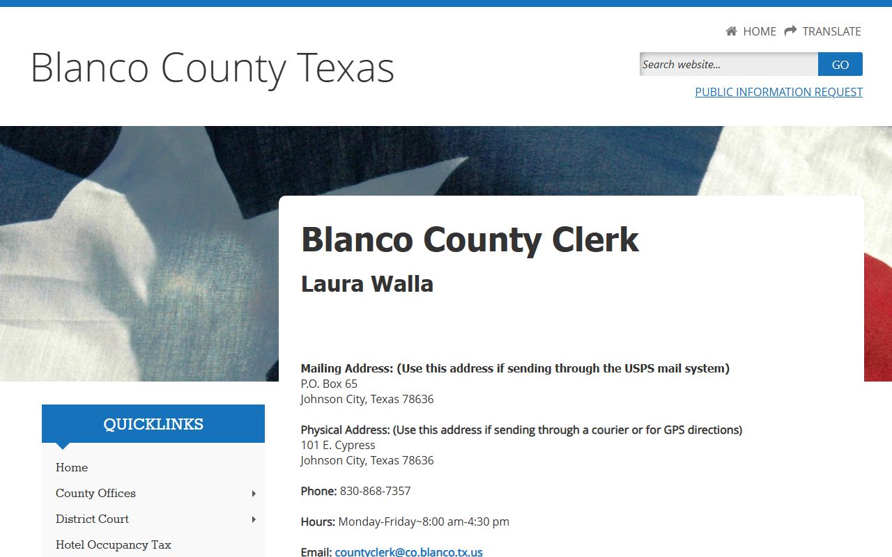 Blanco County Clerk website for court and public records in Johnson City Texas