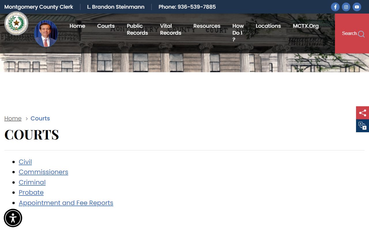 Montgomery County Courts page showing court listings for traffic record searches