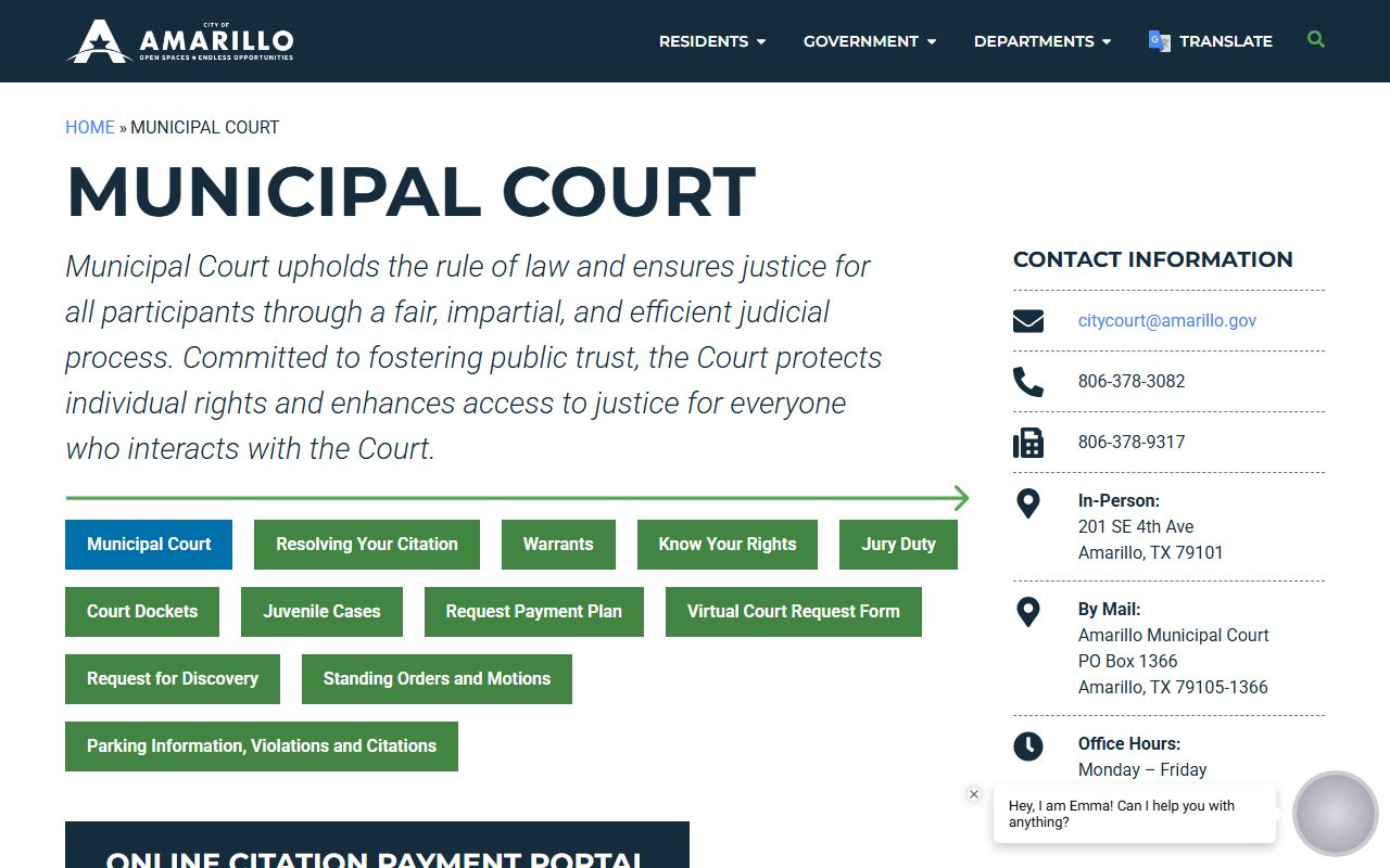 Amarillo Municipal Court website for Potter County traffic citations and case search
