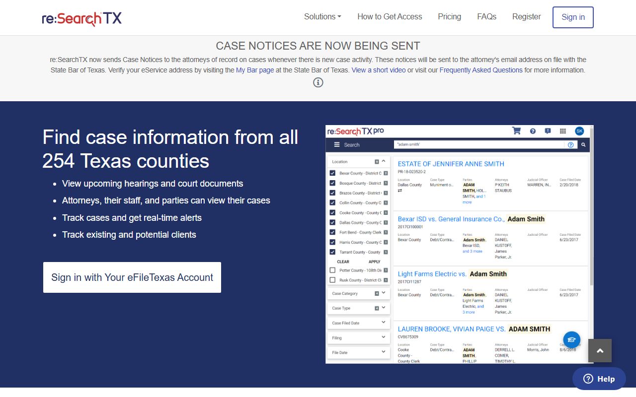 re:SearchTX statewide case search portal for Texas traffic court records