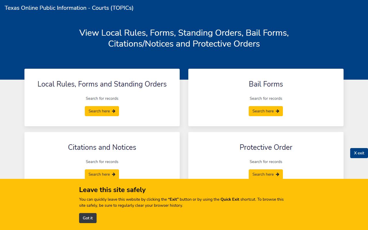 TOPICs Texas Online Public Information Courts portal for Texas traffic court records forms