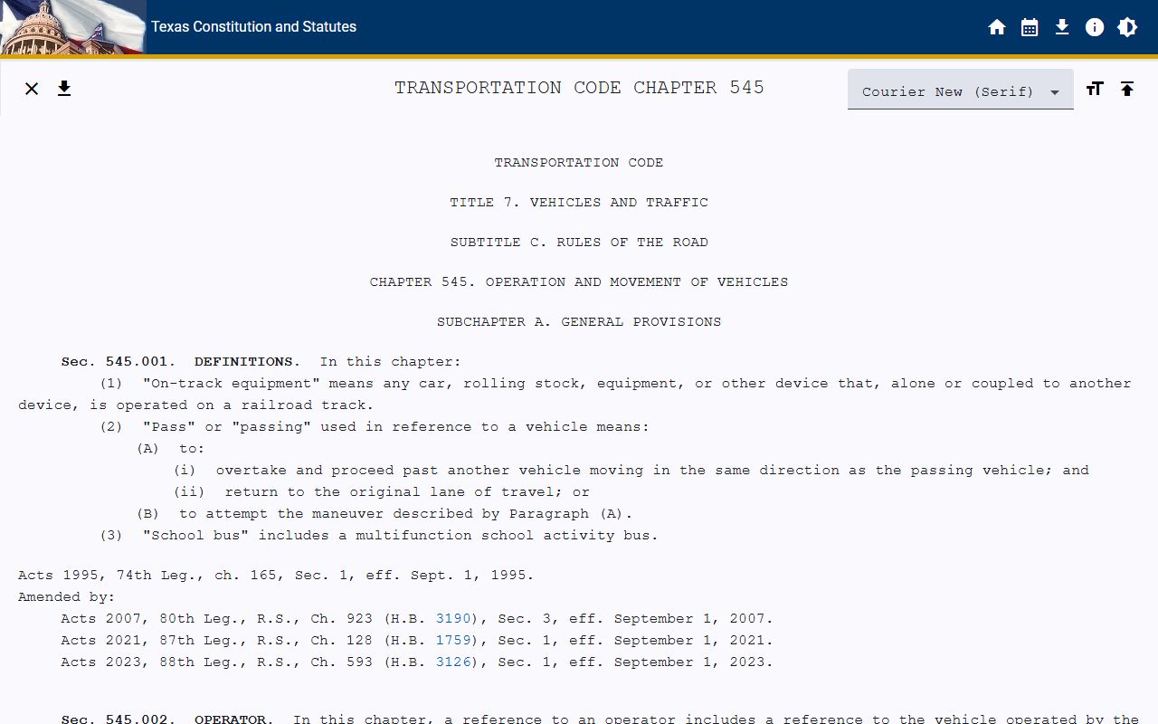 Texas Transportation Code Chapter 545 rules for Jackson County traffic violations