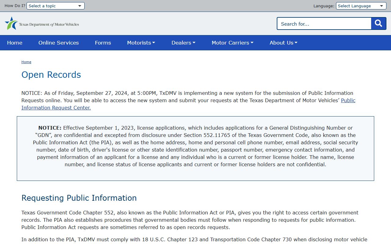 TxDMV open records request page for Texas traffic court records and vehicle records